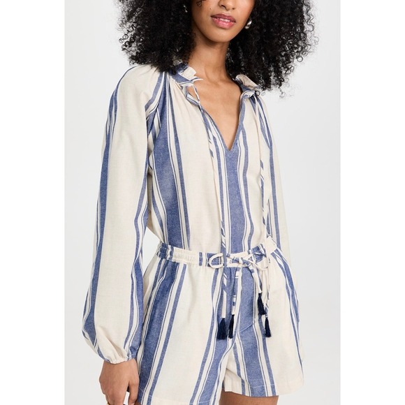 NATALIE MARTIN Penny Blouse Women Medium Cream Blue Stripe Linen Blend Tunic Top - Picture 1 of 16